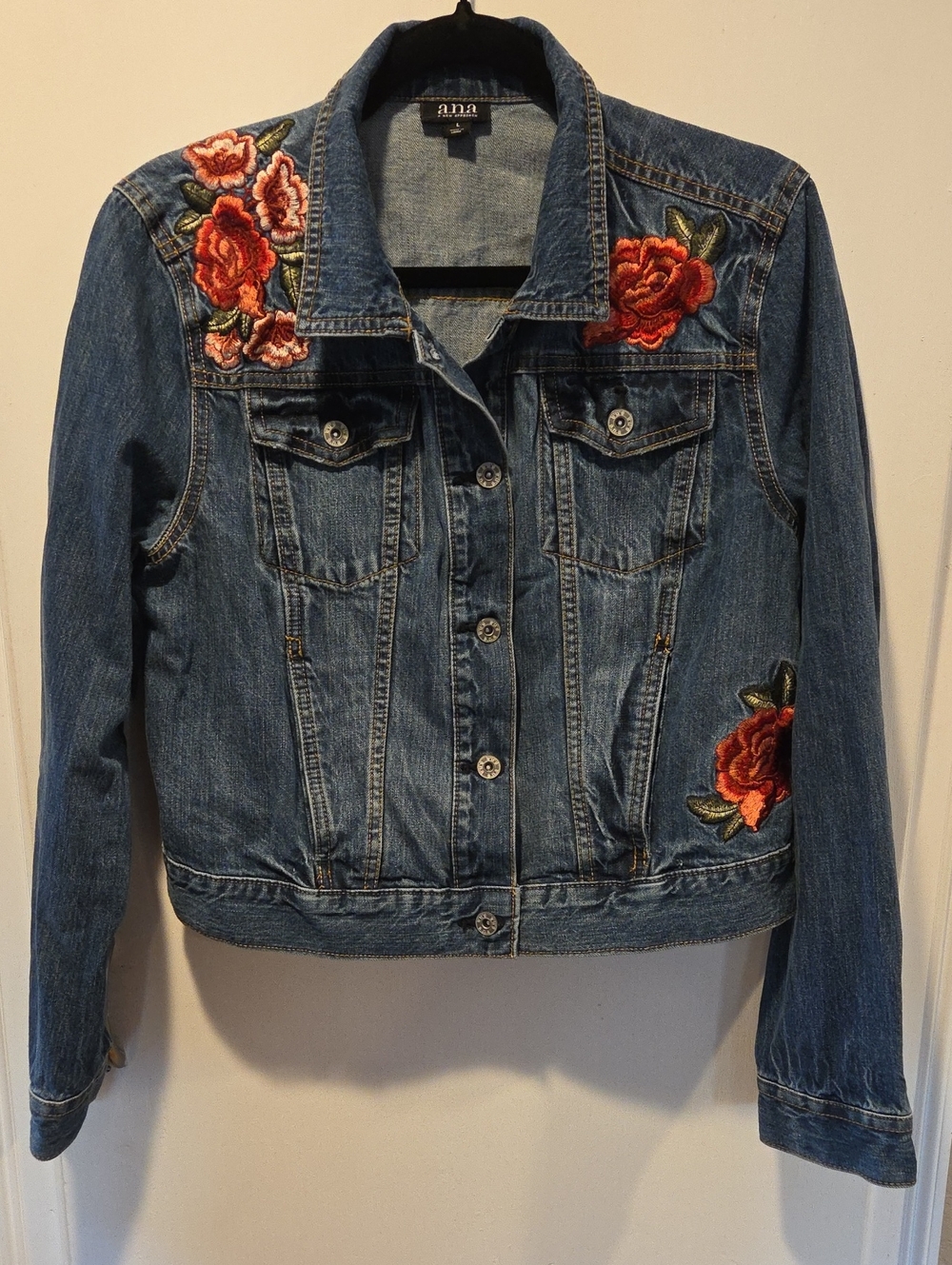 a.n.a Denim Jacket with Rose Embroidery L